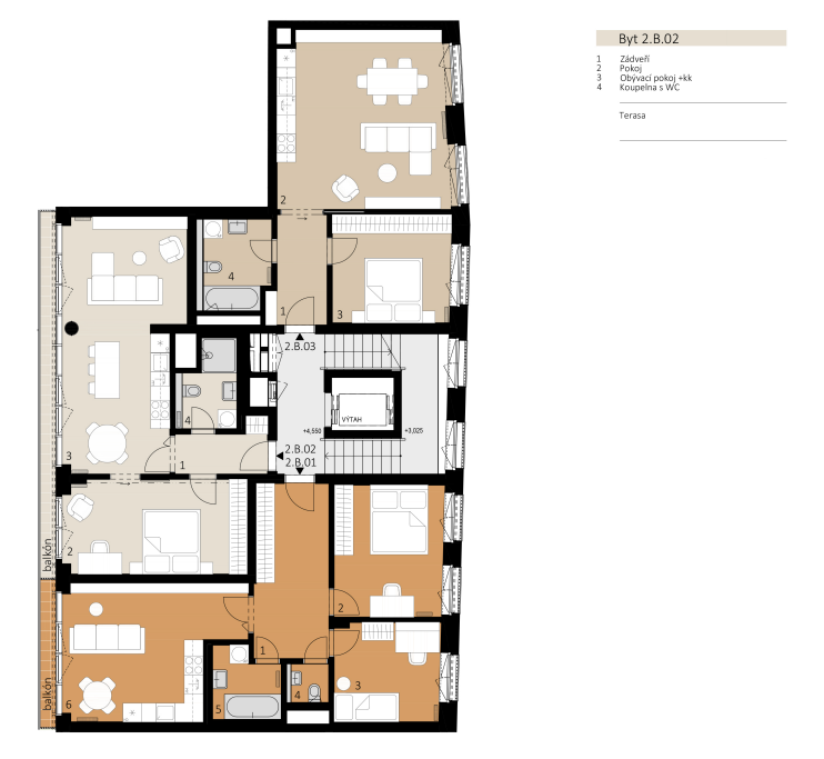 Rezidence Nové Lauby - Byt 2+kk, Muzejní 3403/1, 702 00 Moravská Ostrava, číslo bytu 2.B.02