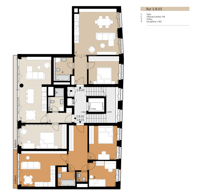 Rezidence Nové Lauby - Byt 2+kk, Muzejní 3403/1, 702 00 Moravská Ostrava, číslo bytu 3.B.03